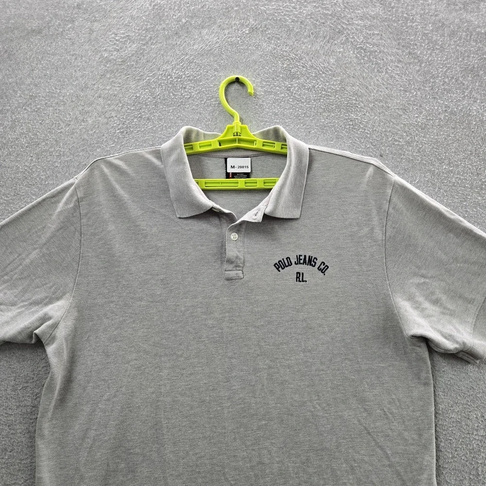 VINTAGE Polo Jeans Men Polo LARGE Gray Embroidered Text Button Logo Short Sleeve
